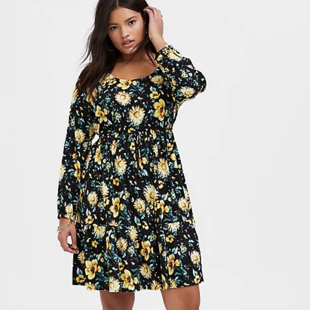 Torrid Black & Yellow Floral Challis Drawstring Skater Dress